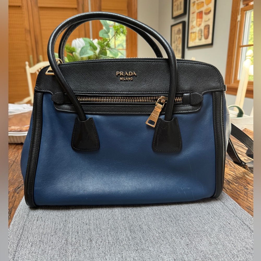 Prada Blue/Black Saffiano Leather Double Zip Satchel